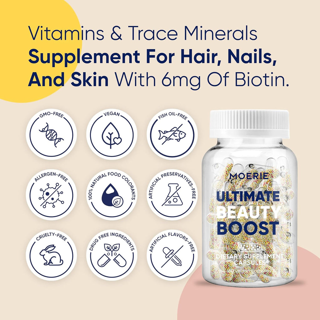 Moerie Hair Growth Supplement for Women & Men - Hair Skin and Nails Vitamins With Biotin, Q10 & Minerals - For Thicker, Fuller Hair & Hair Loss Treatment - Advanced Beadlet Delivery System - 180 Pills