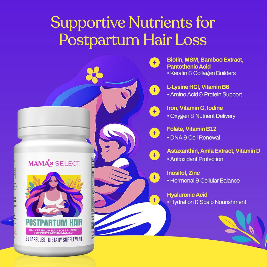 Mama’s Select Postpartum Hair Loss Vitamins – Reduce Shedding, Restore Thickness, Shine, & Strength – Supports Hormonal Balance, Cellular Renewal & Scalp Health – Treatment Is Safe for Breastfeeding