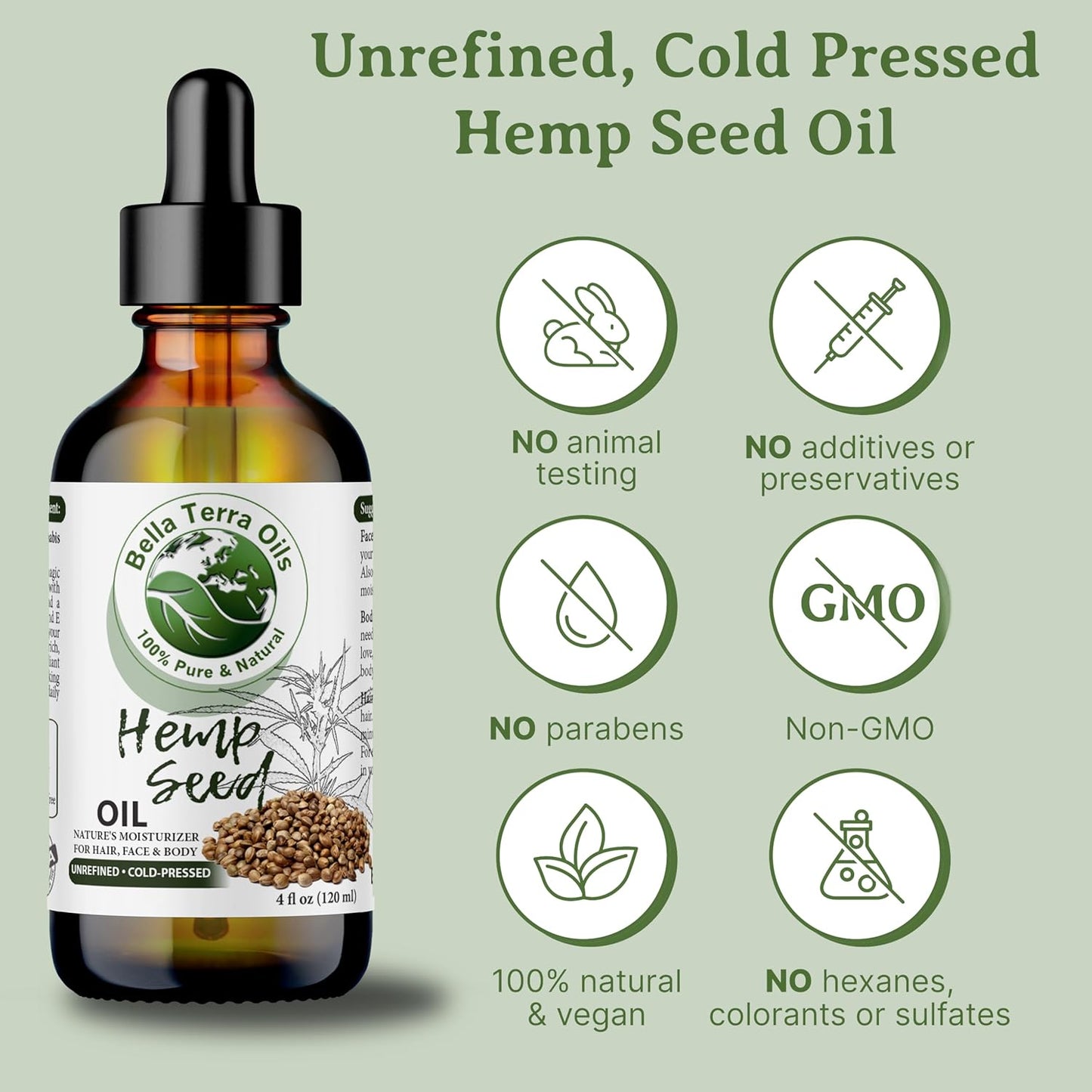 Bella Terra Oils - Hemp Seed Oil 8 oz - Cold-Pressed & Nutrient-Rich, Infused with Phytosterols, Potassium & Calcium for Skin & Hair Care