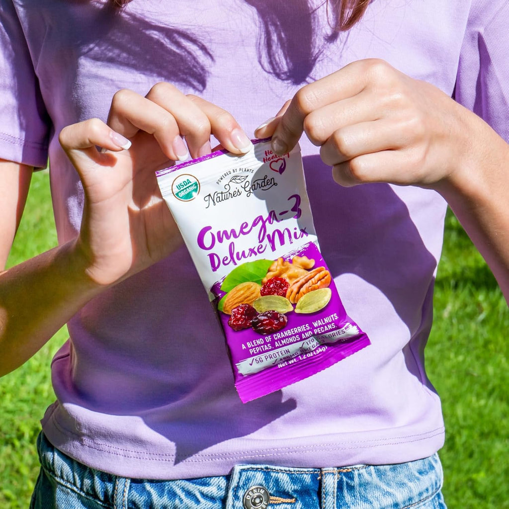 Nature's Garden Omega 3 Deluxe Mix - Trail Mix Nuts, Heart Healthy, Gluten Free, Cholesterol Free, Sodium Free, No Artificial Ingredients - 1.2 oz Bags (15 Individual Servings)