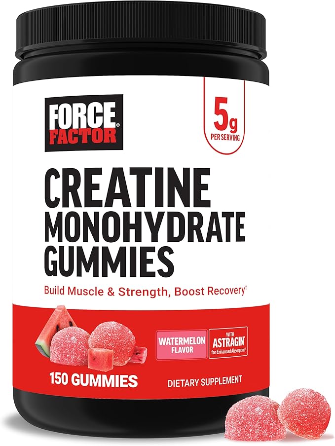 Force Factor Creatine Monohydrate Gummies, 5g Dose for Men & Women to Support Muscle, Strength, Recovery, Cognitive Health & Memory, Watermelon, 150 Gummies