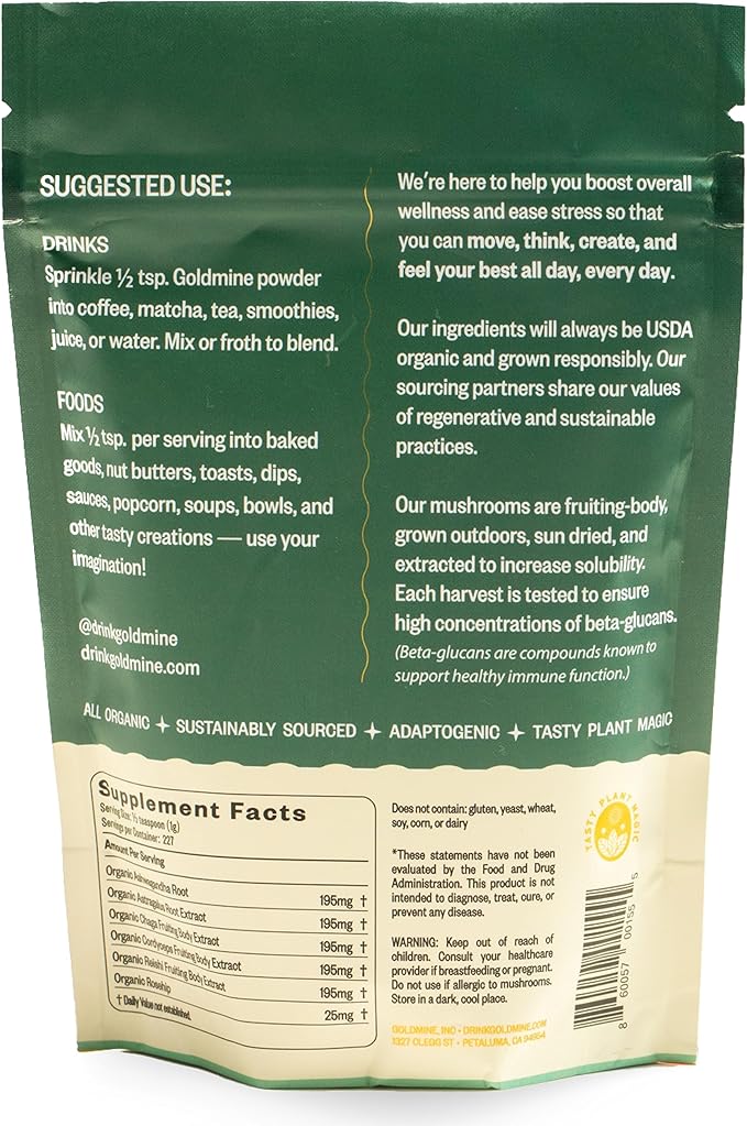 Goldmine Adaptogens Superfoods | Reishi Organic Mushroom Powder | Adaptogen Stress Support & Daily Balance Blend (227 Grams, Pouch)