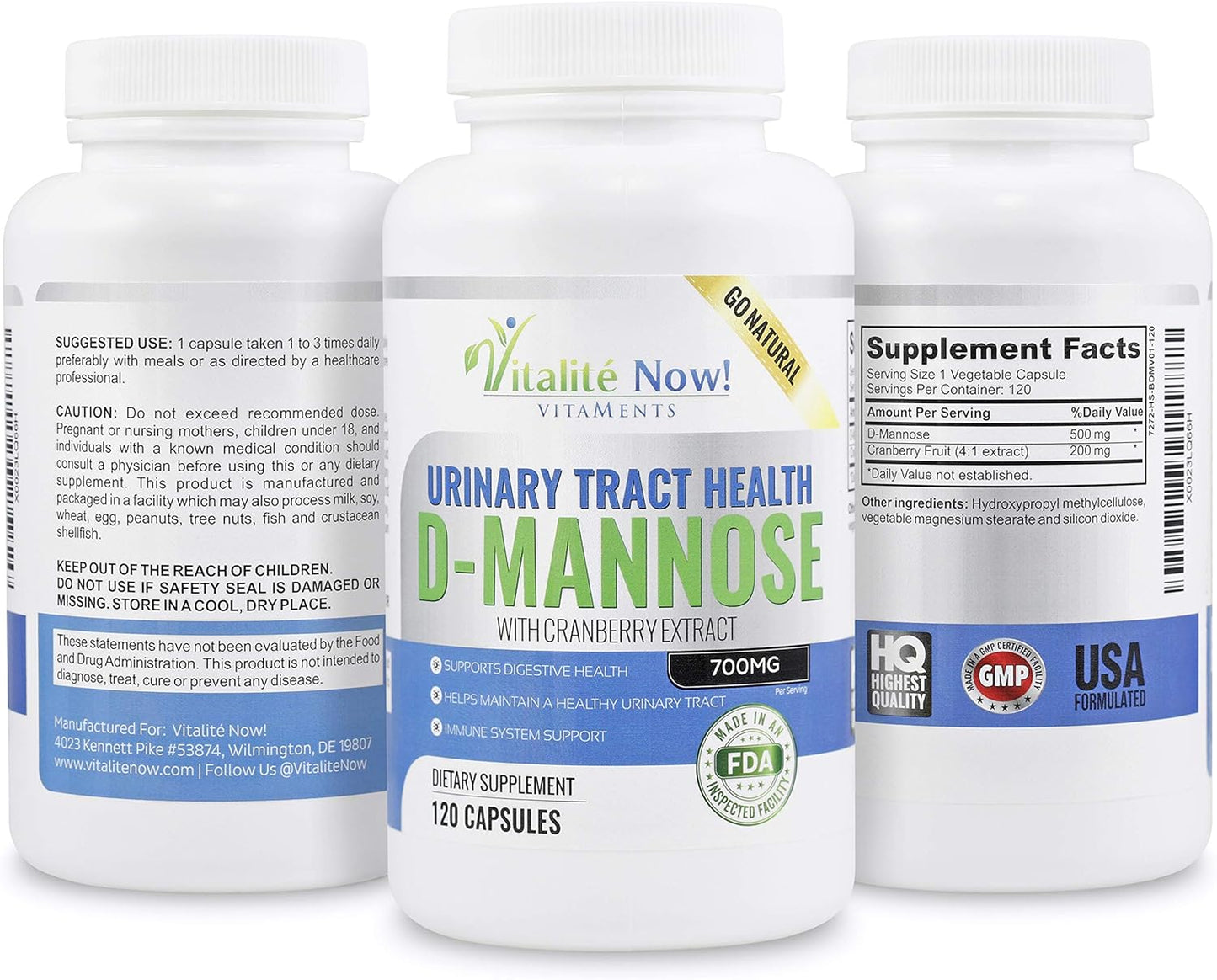 High Strength Pure D-Mannose with Cranberry Extract for Natural Urinary Tract Infections and UTI Support - Digestive Health - Immune System Support - 700mg - Non-GMO - 120 Pills