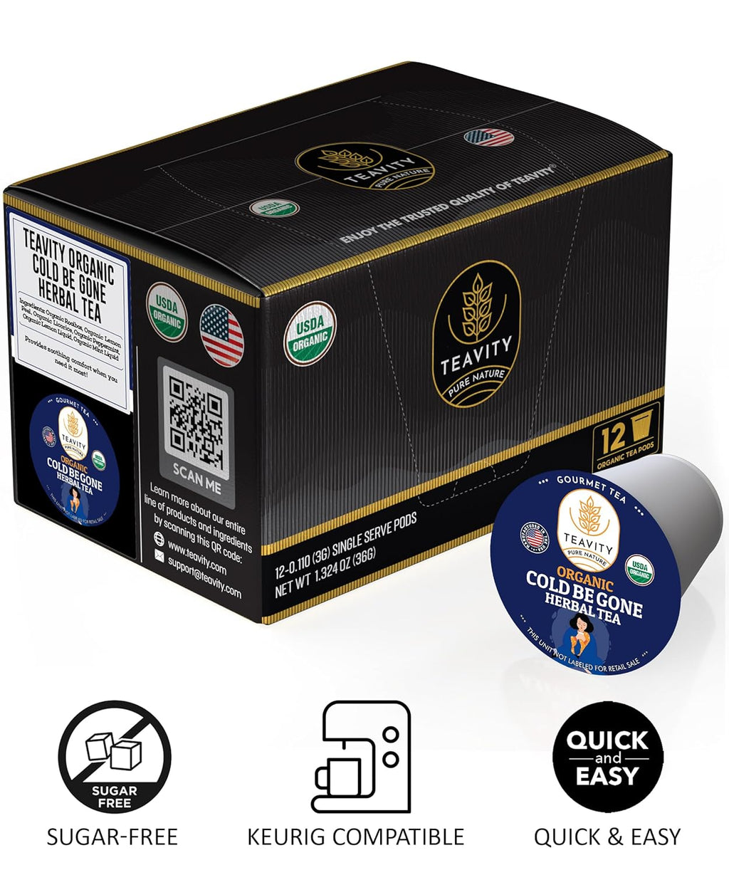 Organic Rooibos Tea Pods for Keurig with Lemon, Mint, Licorice - Unsweetened Decaf Tea for K Cup Brewing - Cold Be Gone by Teavity (24 Tea Pods)