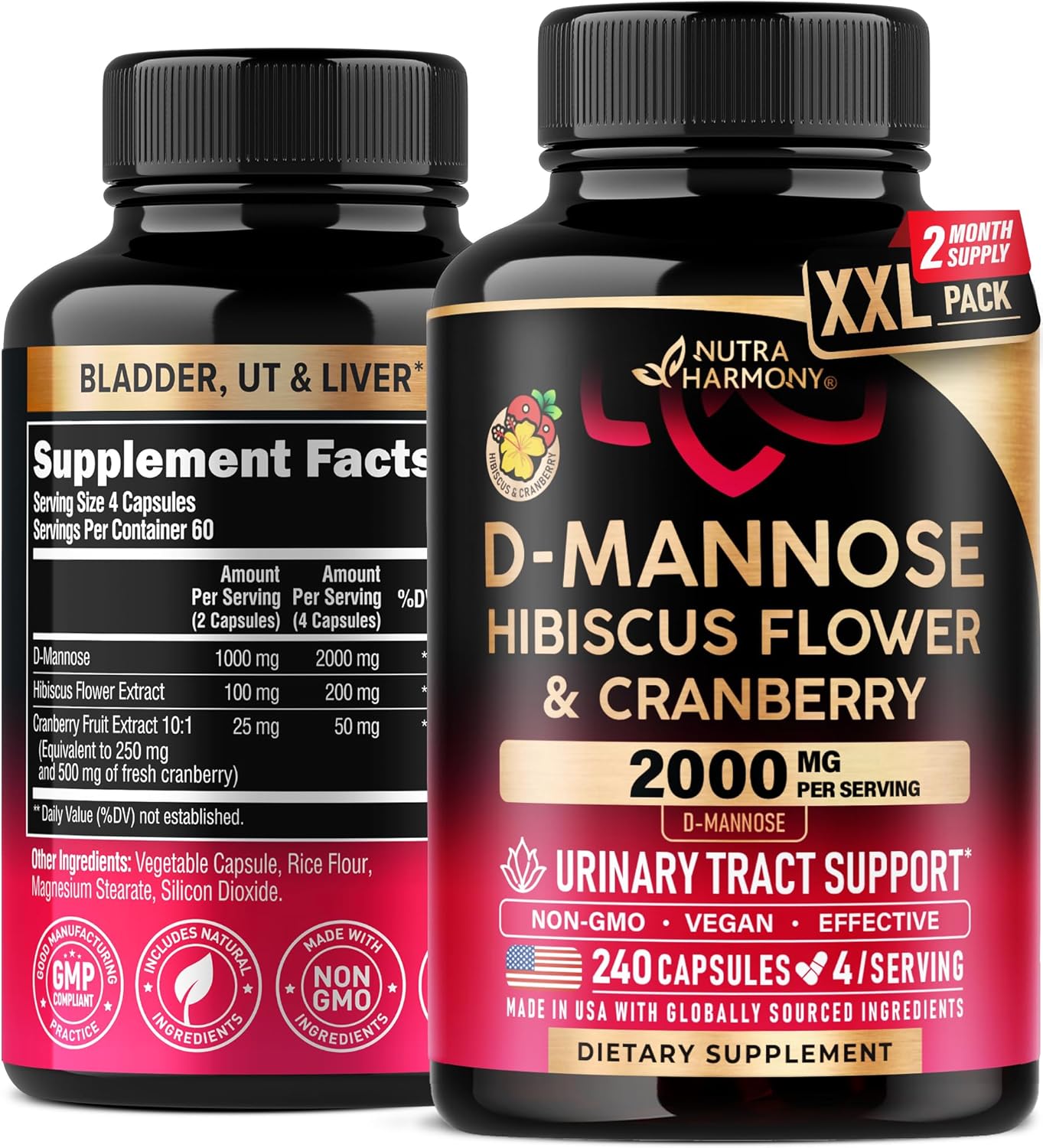D-Mannose 2000mg with Cranberry & Hibiscus - Clinically Tested Strength for Urinary Tract Health - Supplement for Women - Bladder, Liver & Microflora Support - Made in USA - Vegan, 240 Capsules