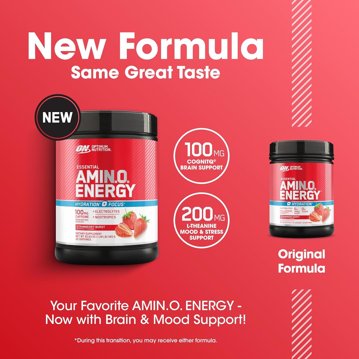 Optimum Nutrition Amino Energy Powder Plus Focus, with BCAA, Electrolytes, and Caffeine, Strawberry Burst, 65 Servings (Packaging May Vary)