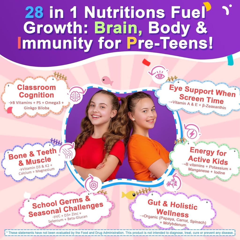 Multivitamin Filled Gummies for Teen Boys Girls 12-17, 18, 19, Kids 10+ Multivitamin with Omega 3, Calcium + Magnesium + Zinc, Multi-Minerals for Adolescent 10-19S Brain, Bone, Energy, Immune