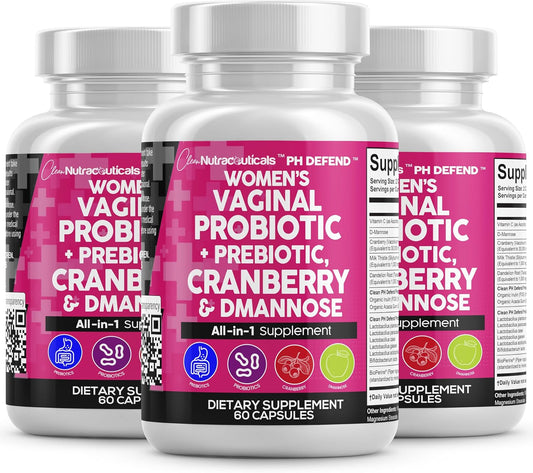 Clean Nutraceuticals Vaginal Probiotics for Women + Prebiotics 20 Billion Cranberry Pills w D-Mannose 500 mg for Urinary Tract Health pH Balance - for Vaginal Health Supplements Pills - 3Pack