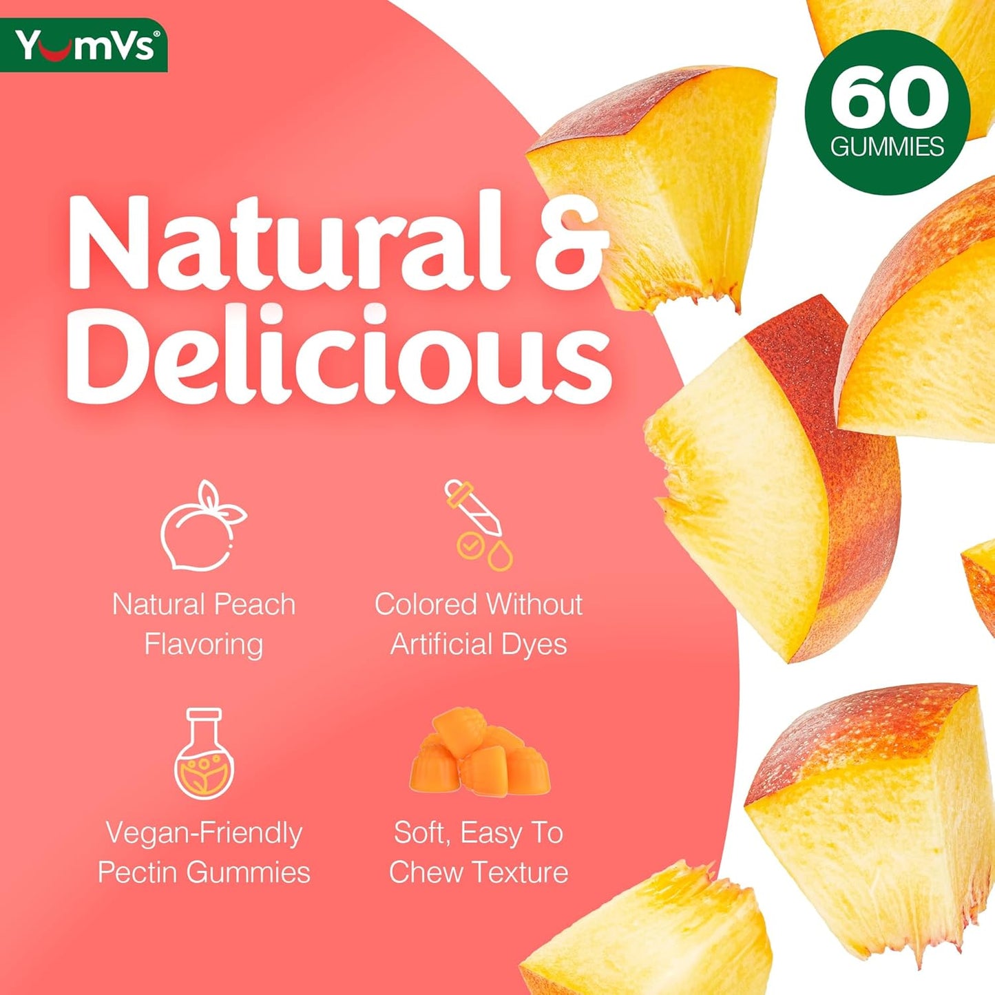 YumVs Ginger Gummies – 500 mg Ginger Root Extract – Peach Flavor, 60 Count – Natural Nausea Relief, Digestion & Immune Support – Ginger Supplement for Women & Men – Vegan, Non-GMO, Gelatin-Free