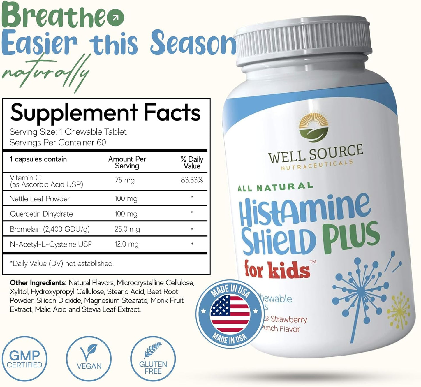 Natural Antihistamine Supplement, Sinus & Allergy Relief for Pollen, Pet Dander, Dust, Mold, and Odors, 60 Strawberry Fruit Punch Chewable Tablets