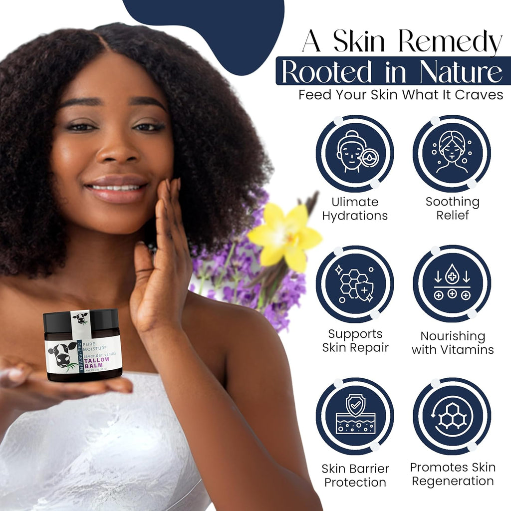 Beef Tallow for Skin - Handmade Organic Grass Fed Beef Tallow Face Moisturizer - Lavender Scented Beef Tallow Balm with Deep Hydration, Soothing Relief, Skin Repair is Great Gift Idea for Women