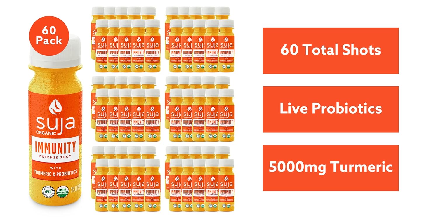 Suja Organic Immunity Defense Shot (60 Pack) with Turmeric and Ginger | Immunity Boost & Support | Functional Shots | Cold-Pressed Juice with Live Probiotics | Plant-Based & Gluten-Free