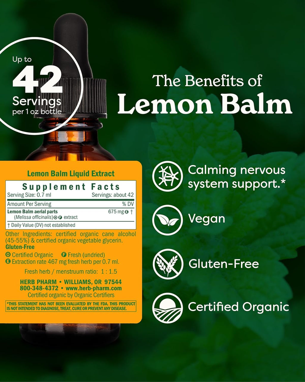 Herb Pharm Certified Organic Lemon Balm Liquid Extract for Calming Nervous System Support, Organic Cane Alcohol, 1 Ounce
