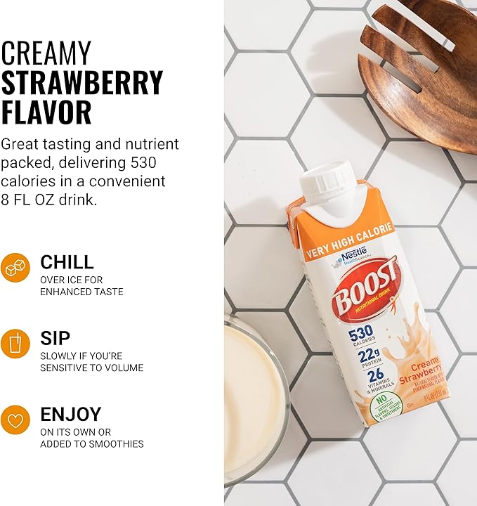 Boost Very High Calorie Strawberry Nutritional Drink – 22g Protein, 530 Nutrient Rich Calories, 8 Fl Oz (Pack of 24)