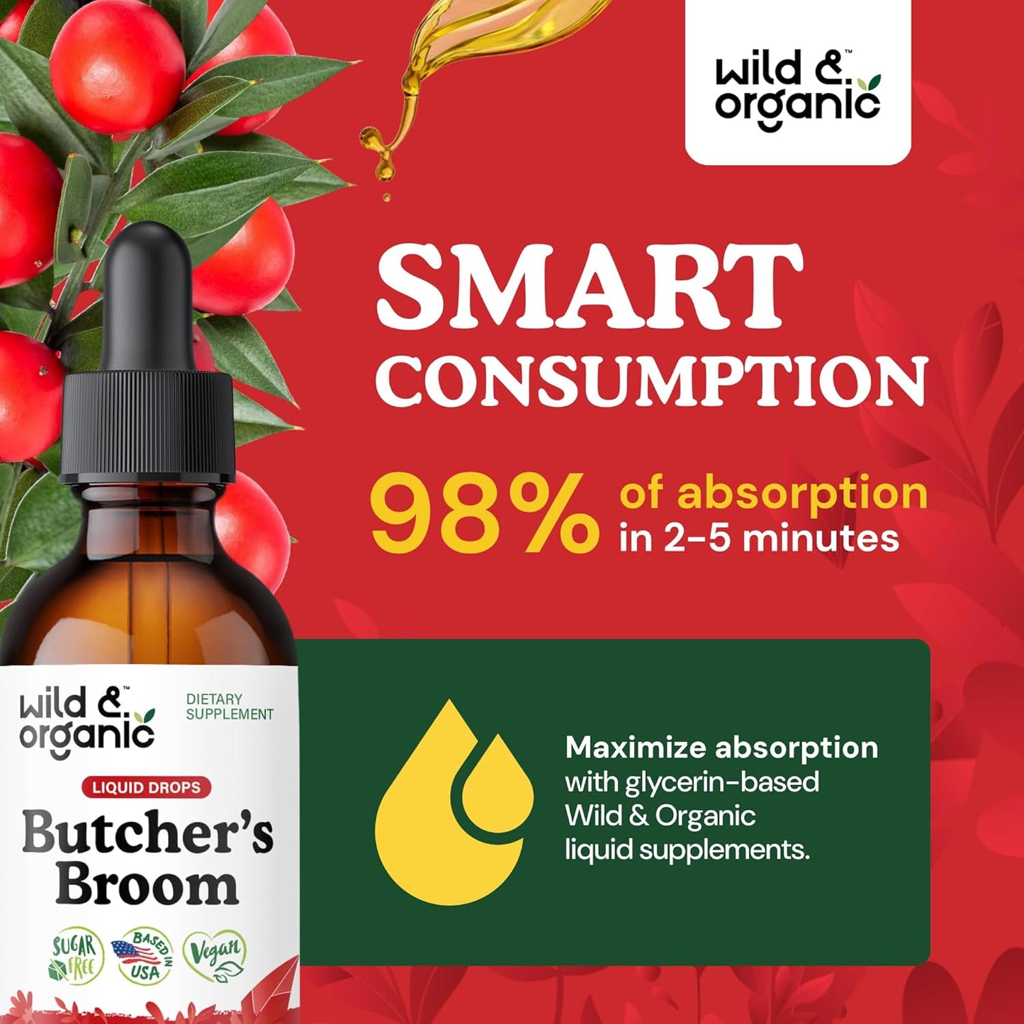 Wild & Organic Butchers Broom Root Drops - Liquid Supplement for Leg Support - Alcohol Free Butcher's Broom Tincture - Ruscus Aculeatus Herb - Vegan, Non-GMO, No Sugar - 2 fl oz