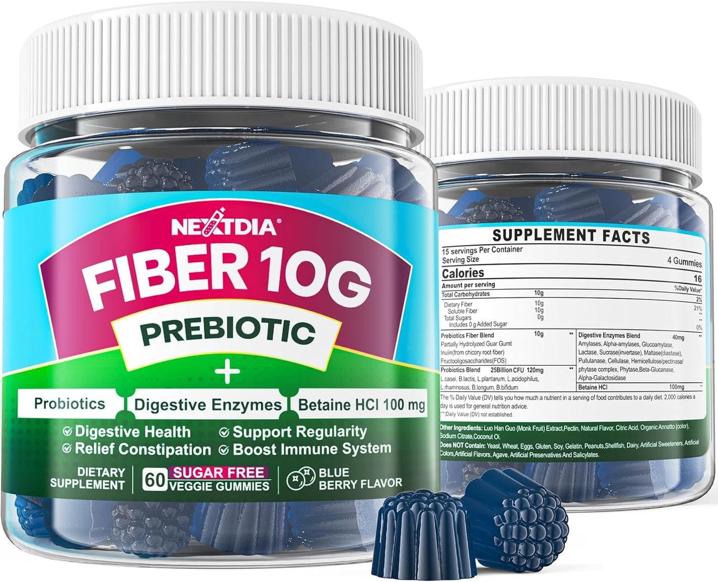 Fiber Gummies for Adults, Sugar Free 10g Prebiotic Fiber Supplement with Digestive Enzymes, Probiotics & 100mg Betaine for Digestive & Gut Health and Regulate Bowel Movement, Vegan, Gelatin Free, 60ct