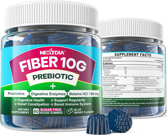 Fiber Gummies for Adults, Sugar Free 10g Prebiotic Fiber Supplement with Digestive Enzymes, Probiotics & 100mg Betaine for Digestive & Gut Health and Regulate Bowel Movement, Vegan, Gelatin Free, 60ct