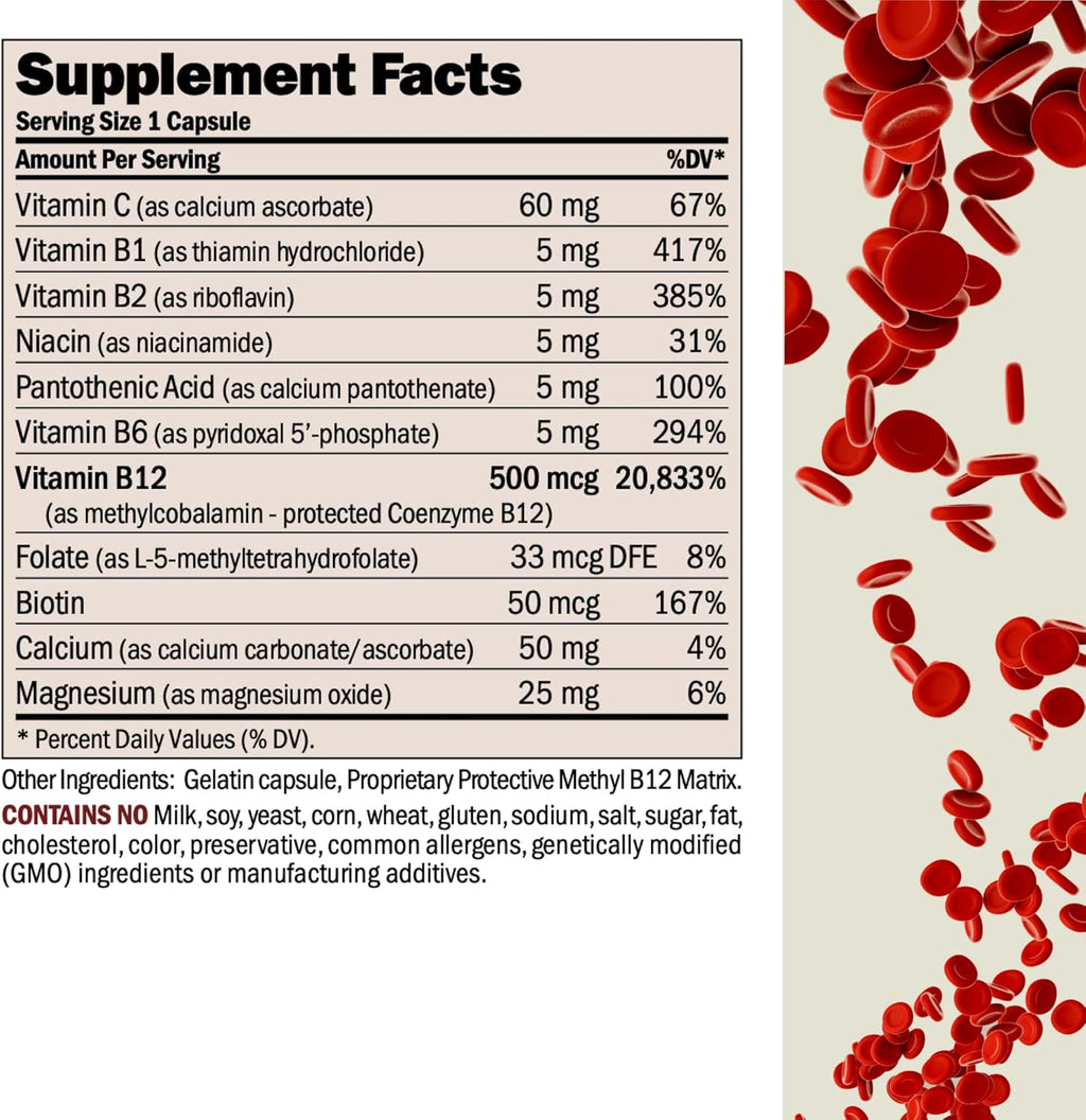ANDREW LESSMAN Vitamin B12 500 720 Capsules - Absorption-Protected Methylcobalamin (Natural Coenzyme Vitamin B12), Essential for Energy and Stress Support, Plus B-Complex, Easy to Swallow Capsules