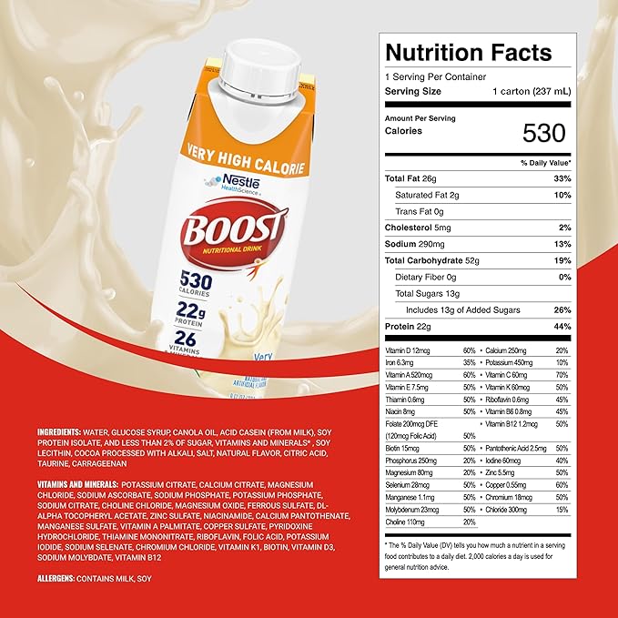 Boost Very High Calorie Vanilla Nutritional Drink – 22g Protein, 530 Nutrient Rich Calories, 8 Fl Oz (Pack of 24)