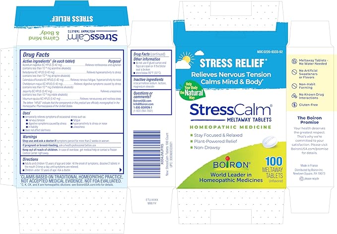 Boiron StressCalm Tabs - 100 Count for Relief of Stress, Anxiousness, Nervousness, Irritability, and Fatigue - Convenient Stress Calm Meltaway Tablets