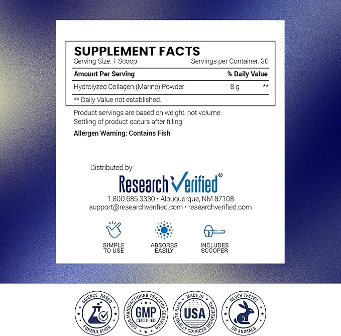 Research Verified® Collagen Powder - Hydrolyzed Marine Collagen Peptides - Unflavored - Skin Hydration and Elasticity, Muscle Recovery, Non GMO - 30 Scoops Per Container - 1 Month Supply