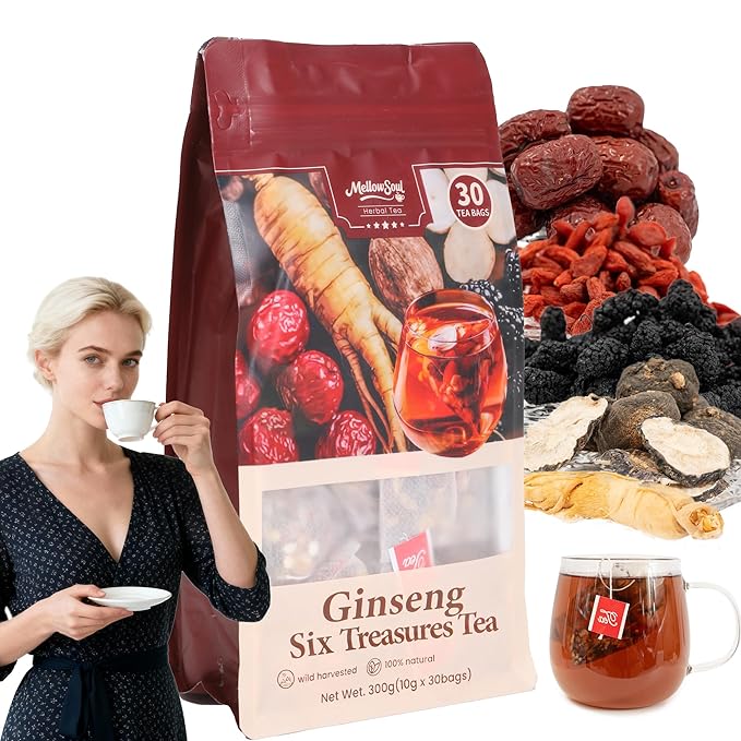 Kidney Tea Formula Ginseng Six Treasure Tea -Upgraded Ginseng Five Treasures,Natural Herbal Blend with 6 Traditional Chinese Herbs Kidney , Caffeine-Free,Detox & Cleanse, Liver Support & Energy Boost For Men Women(1 Pack/30 Bags)(Six treasure)