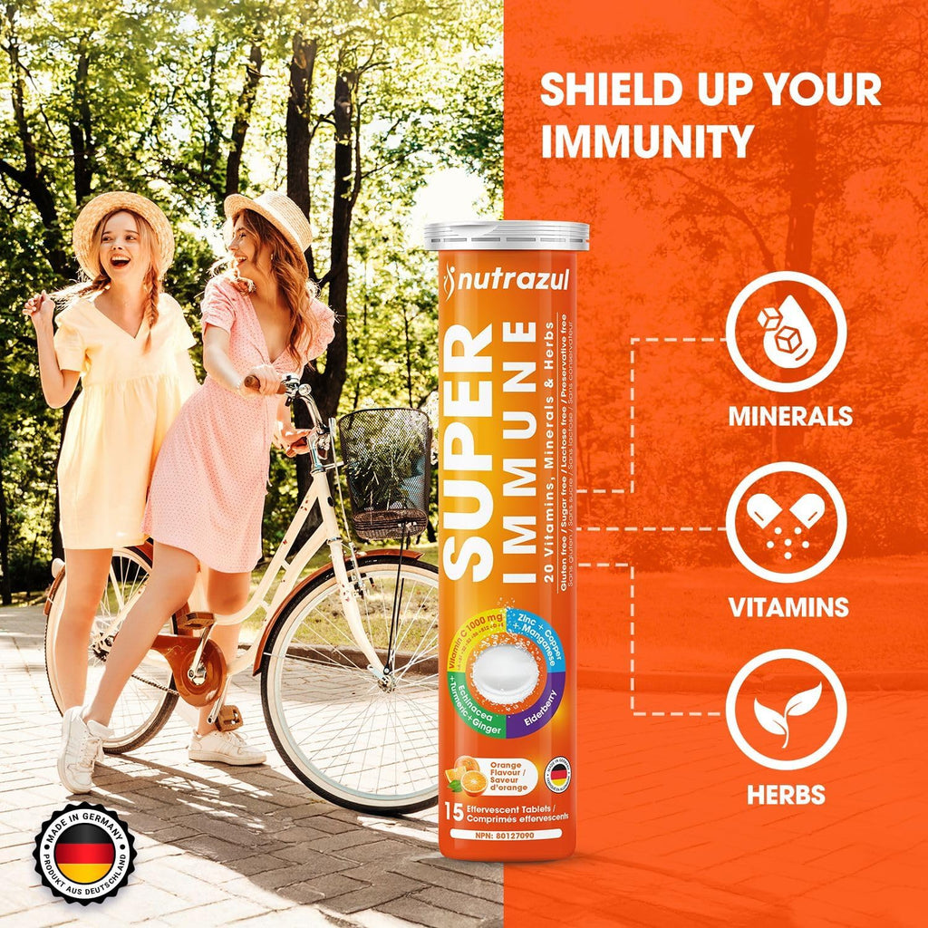 nutrazul Super Immune 30 Effervescent Tablets, 20 Vitamins & Minerals, Herbal Extracts to Support Daily Routine, Vitamin C, Zinc, Elderberry & Echinacea, Vegan, Gluten-Free, Sugar-Free, Orange Flavor