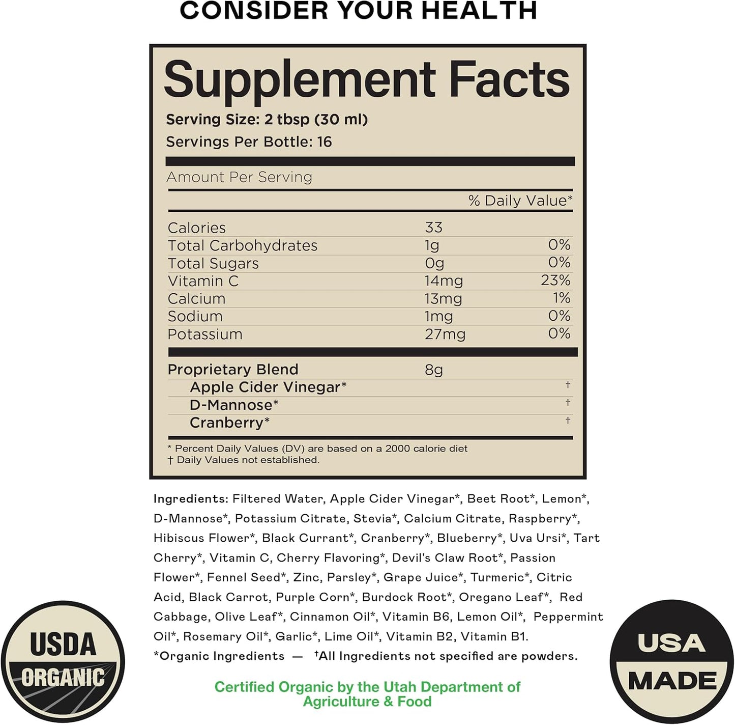 Complete Natural Urinary Tract Complete 8oz - Liquid Supplement for Urinary Tract Health with Organic Cranberry, D-Mannose, Beet Root, Fennel Seed, and Turmeric