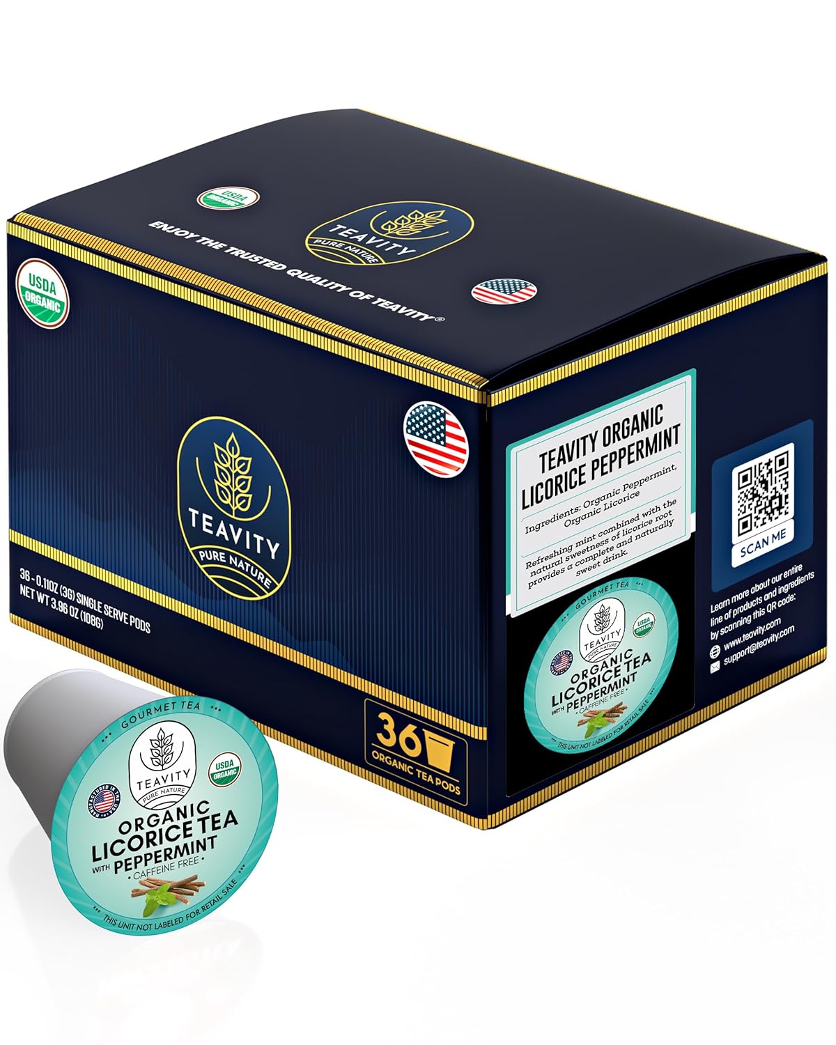 Organic Licorice Mint Tea Pods for Keurig - Natural Decaf Peppermint Tea by Teavity (36 Tea Pods)