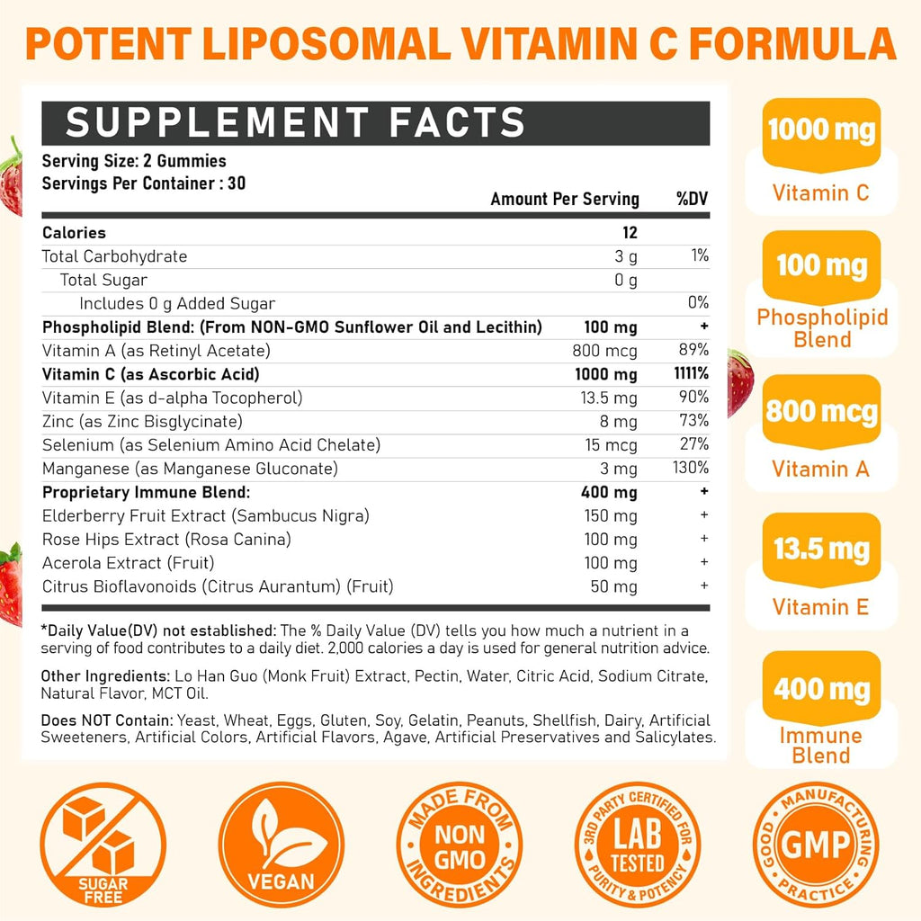 Liposomal Vitamin C Gummies 1000mg for Adults: Vitamin C Chewable Gummy with Zinc, Elderberry, Vitamins A & E