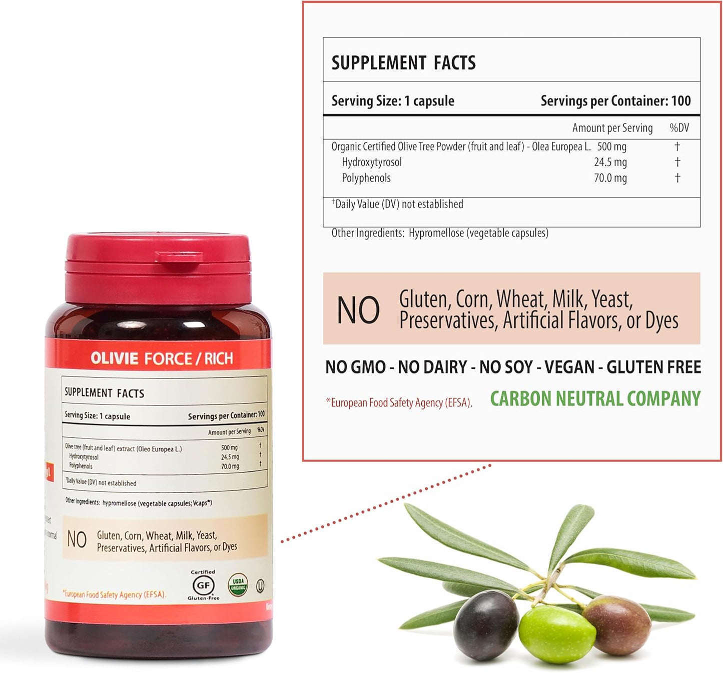 Organic Olive Leaf Extract Capsules Olivie Force/Rich | Antioxidant Polyphenol Supplement for Adults | Health Support Supplement | 100 Vegetal Capsules