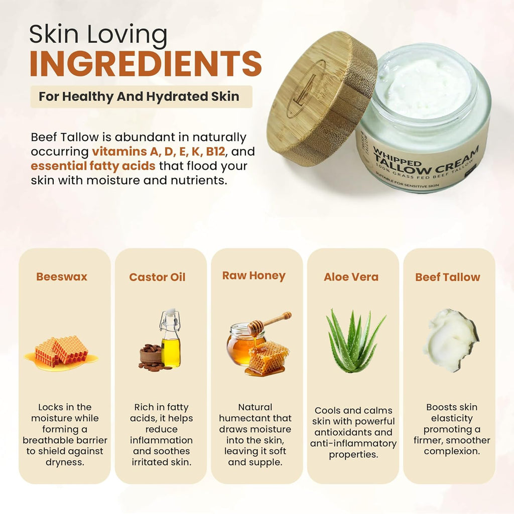 100% Organic Grass Fed Beef Tallow for Skin | Whipped Beef Tallow For Face | Tallow Moisturizer| Premium Beef Tallow for Women With Aloe Vera & Raw Honey & Beeswax- 5 FL.Oz