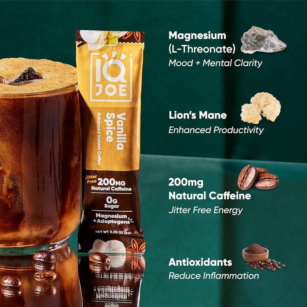 IQJOE Mushroom Coffee Packets (40 Servings) Lion’s Mane, Magtein Magnesium, Antioxidants, Adaptogens - Vanilla Spice - Instant Coffee for Focus, Clarity, Mood, Energy Boost - Sugar Free, Keto, Vegan
