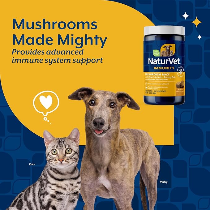 NaturVet Mushroom Max Advanced Immune Support Dog Supplement – Helps Strengthen Immunity, Overall Health for Dogs – Includes Shitake Mushrooms, Reishi, Turkey Tail – 120 Ct.