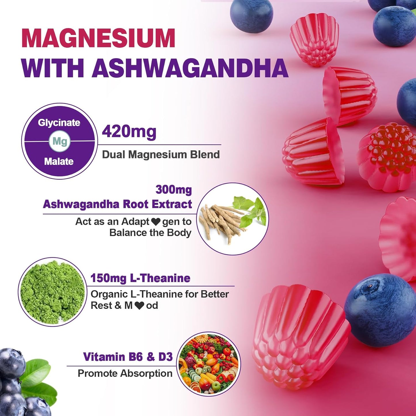 Magnesium Glycinate Gummies 420mg for Adults, Sugar Free Magnesium Supplement with Malate, Ashwagandha, L-Theanine, Vitamin D3 & B6 for Brain Calm, Bone Health & Sleep Support, 120Cts