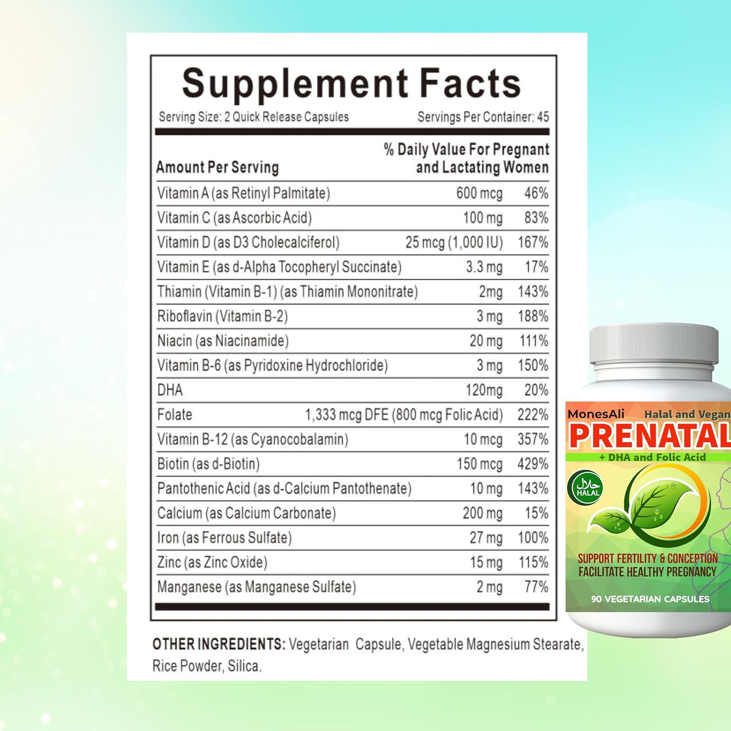 Prenatal Vitamins for Women | Postnatal | Vegan, Halal Gelatin Free | with Folate, Iron & Biotin | Supports Pregnancy, Postpartum Energy & Hair Health, 90 Count