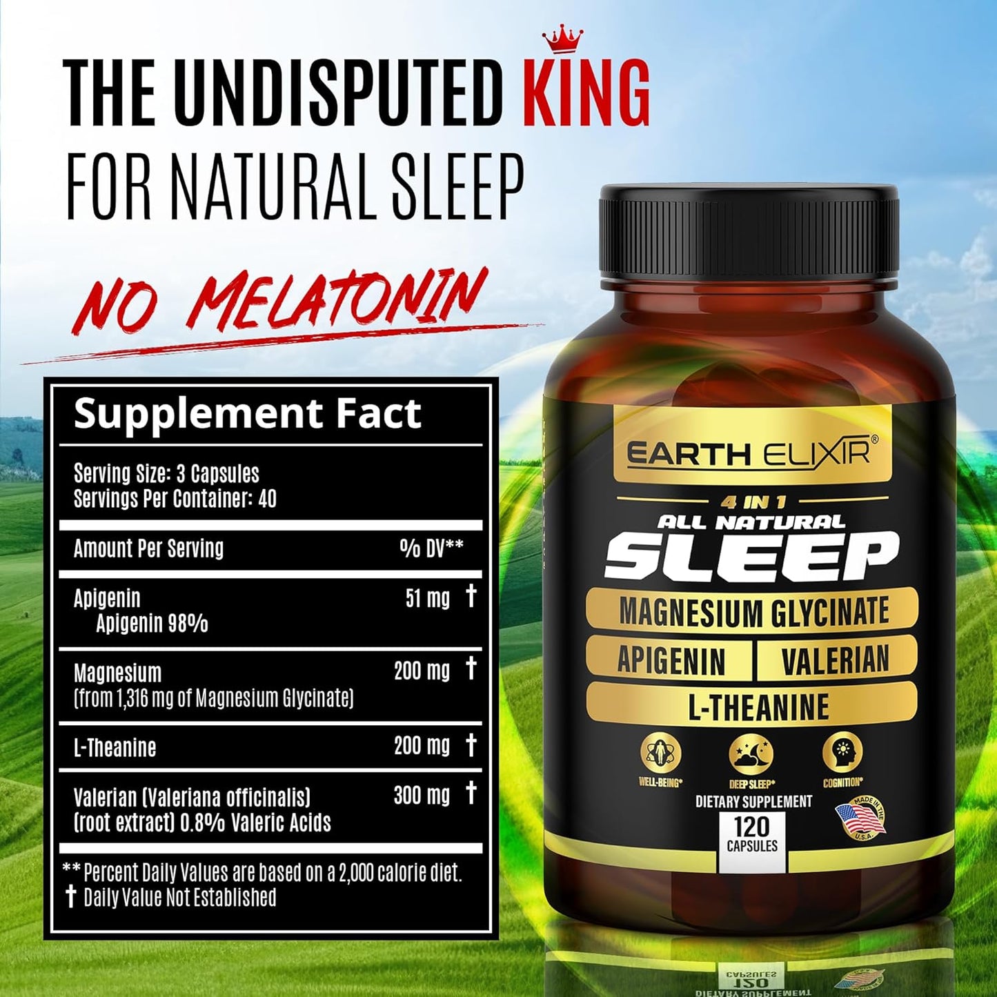 Earth Elixir 4-in-1 Sleep Aid (120 Caps) w/Apigenin 50mg, Magnesium Glycinate 200mg, L Theanine 200mg & Valerian Root for Sleep Aid 300mg | Apigenin Supplement for Sleep | Sleeping Pills