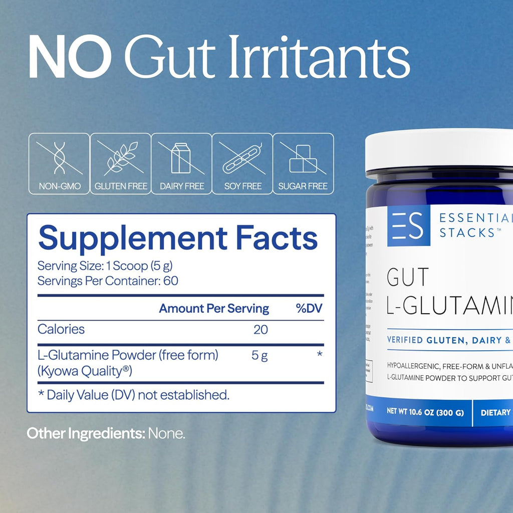 Essential Stacks Gut L-Glutamine Powder - Exclusively Made in USA - Pure L Glutamine Powder for Gut Health (60 Servings, Unflavored)