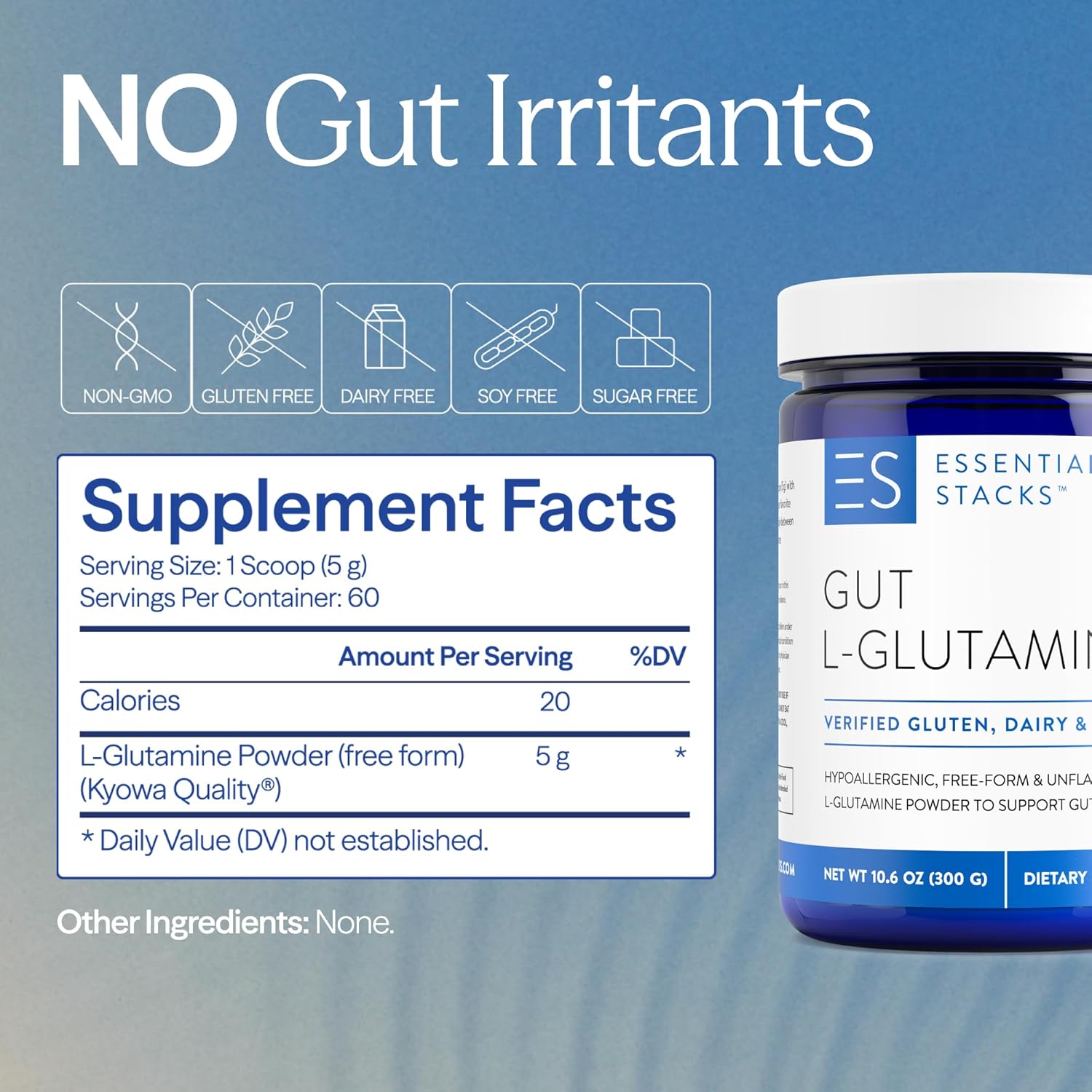 Essential Stacks Gut L-Glutamine Powder - Exclusively Made in USA - Pure L Glutamine Powder for Gut Health (60 Servings, Unflavored)