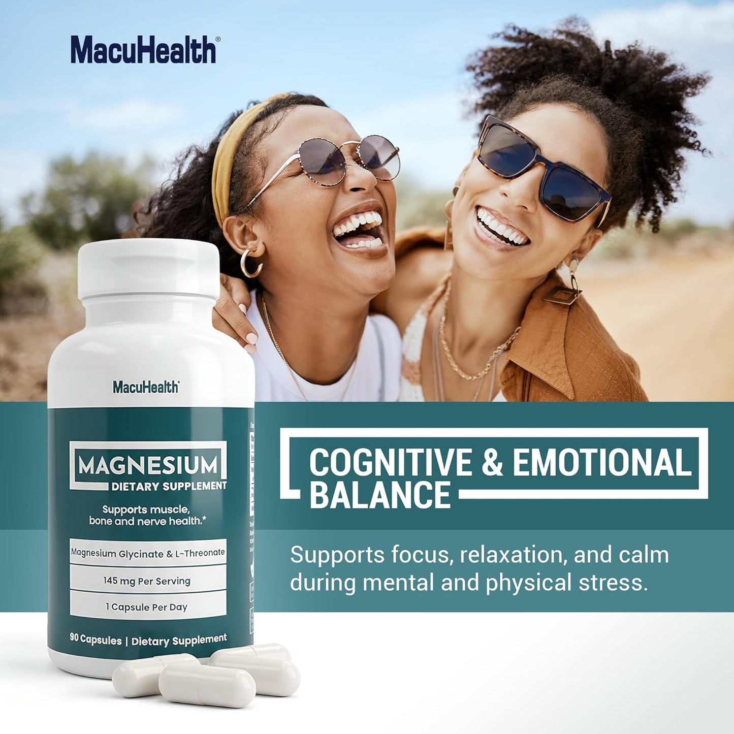 MacuHealth Magnesium Glycinate & L-Threonate 145mg - 90 Capsules - Highly Absorbable Magnesium for Energy, Calm & Focus - Gentle on Stomach, Vegan, Non-GMO - Premium Chelated Magnesium Supplement