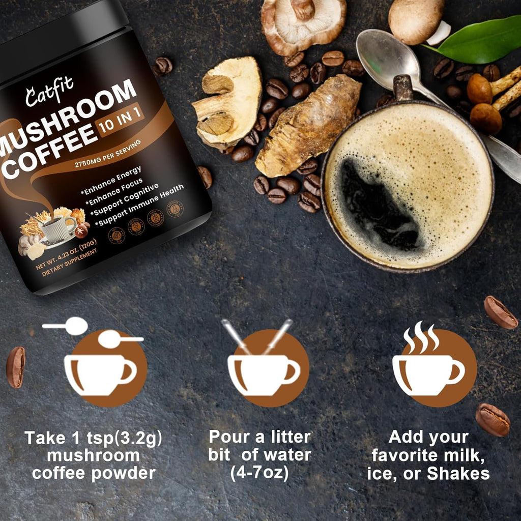 (2 Pack) Mushroom Coffee Powder, 10 Mushroom Blend- Lion's Mane, Chaga, Brain Supplements with Arabica Coffee, Ashwagandha, L-Theanine for Energy, Focus, Memory and Immunity, 120G