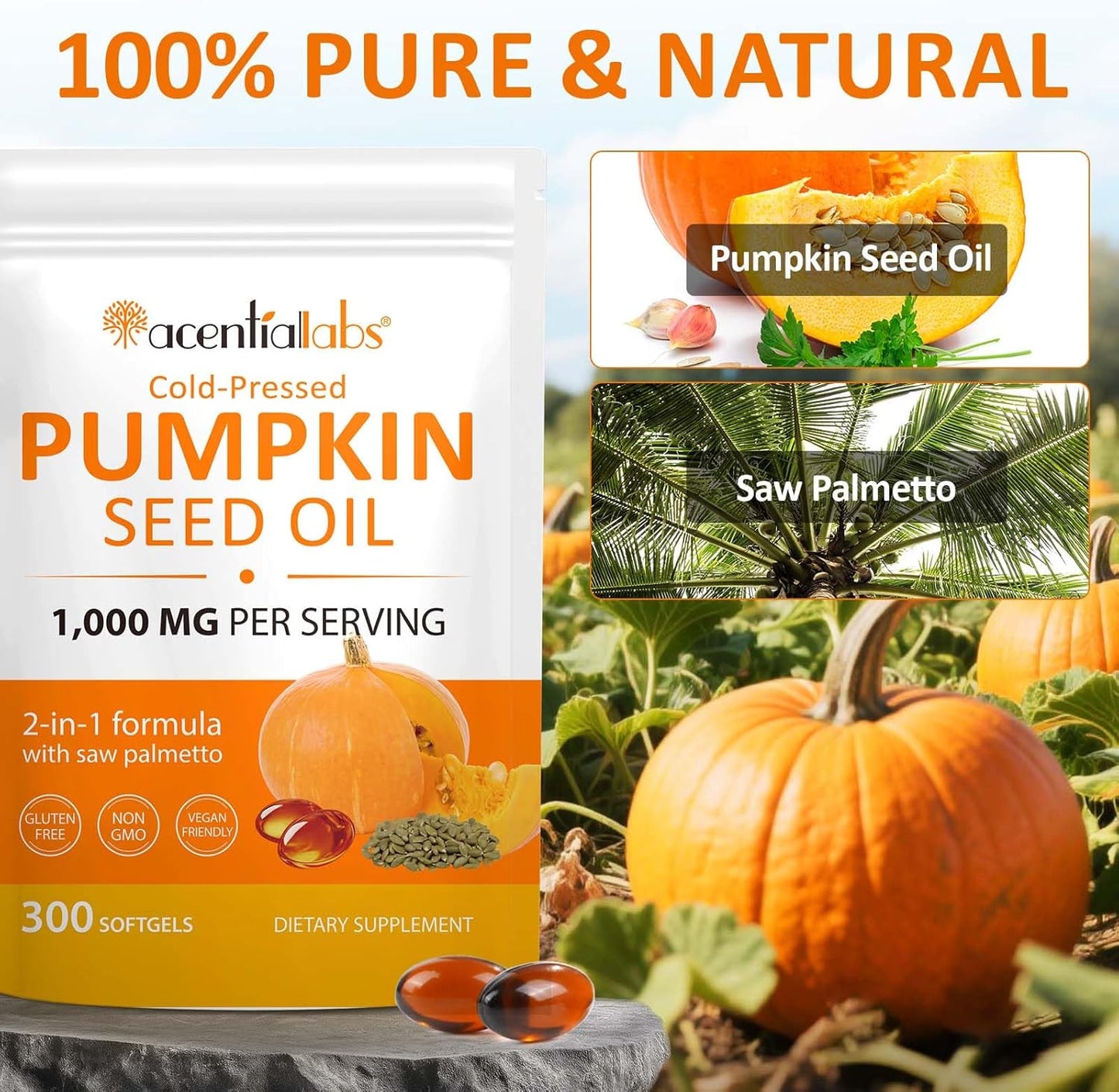 Pumpkin Seed Oil Capsules, Pumpkin Seed Oil with Saw Palmetto Capsules Cold-Pressed 1,000 mg per Serving, Supports Prostate Function, Hair Health, Rich in Essential Fatty Acids & Zinc