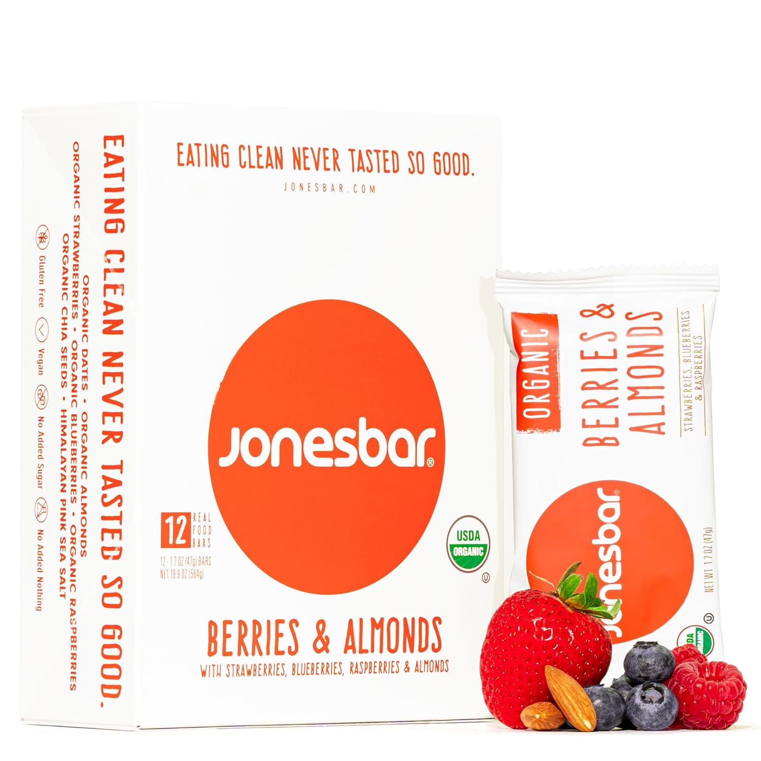 JONESBAR Organic Plant Based Protein Bars | Berries and Almonds | Fruit & Nut Bar, Kosher, Gluten Free, Breakfast Bars, School Snacks, Vegan Snack & Healthy Snacks for Adults and Kids (Pack of 12)