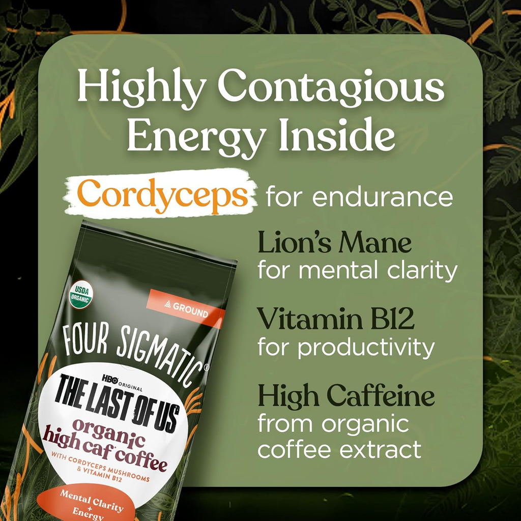 Four Sigmatic The Last of Us High Caffeine Cordyceps Coffee | Organic Dark Roast Extra Strong Ground Coffee with L-Theanine | Energy Booster Without the Jitters | 10oz Bag
