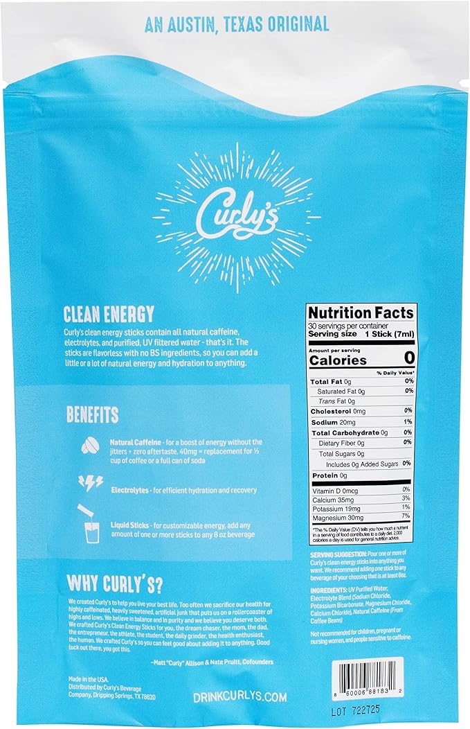 Curly's Clean Energy Caffeine & Electrolyte Sticks - Energize Your Favorite Drink - Keto, Paleo & Whole 30 Friendly - All Natural - No Sugar, No Calories, Non-GMO - 30 Flavorless Liquid Stick Packs
