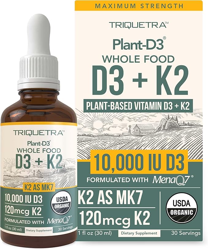 Organic Plant D3 K2 vitamin 10000 iu - All-Trans MK7 from MenaQ7 (120 mcg K2) - 100% Organic & Plant-Based Sublingual D3 Drops 10,000 iu (Cholecalciferol), 100% Vegan - Supports Immunity, Bone, Brain