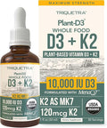 Organic Plant D3 K2 vitamin 10000 iu - All-Trans MK7 from MenaQ7 (120 mcg K2) - 100% Organic & Plant-Based Sublingual D3 Drops 10,000 iu (Cholecalciferol), 100% Vegan - Supports Immunity, Bone, Brain