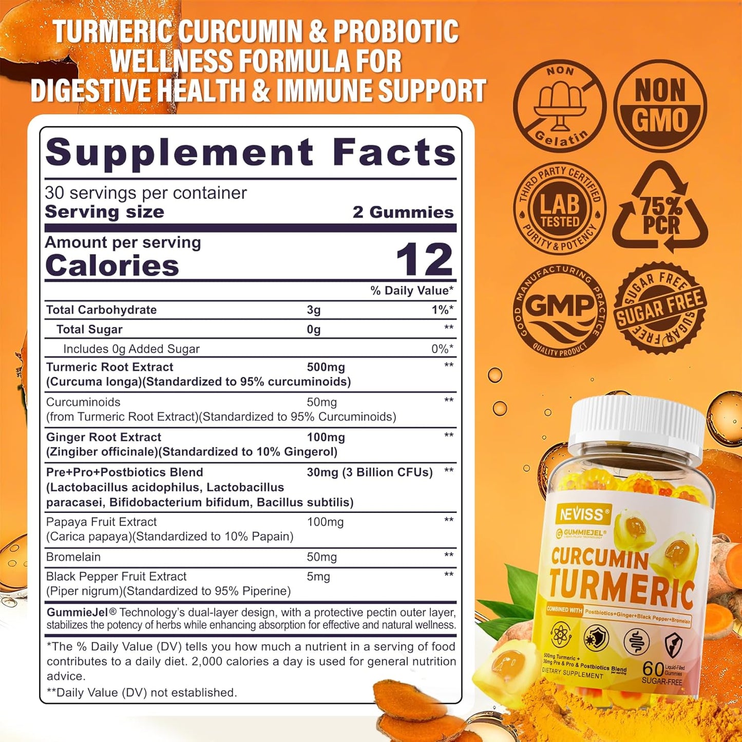 Sugar Free Turmeric Curcumin Filled Gummies 550mg for Adults, Ginger & Black Pepper | 95% Curcuminoids w/Prebiotic Probiotic & Postbiotic Blend, Support Immune & Digestive Health, Vegan, 60 Count