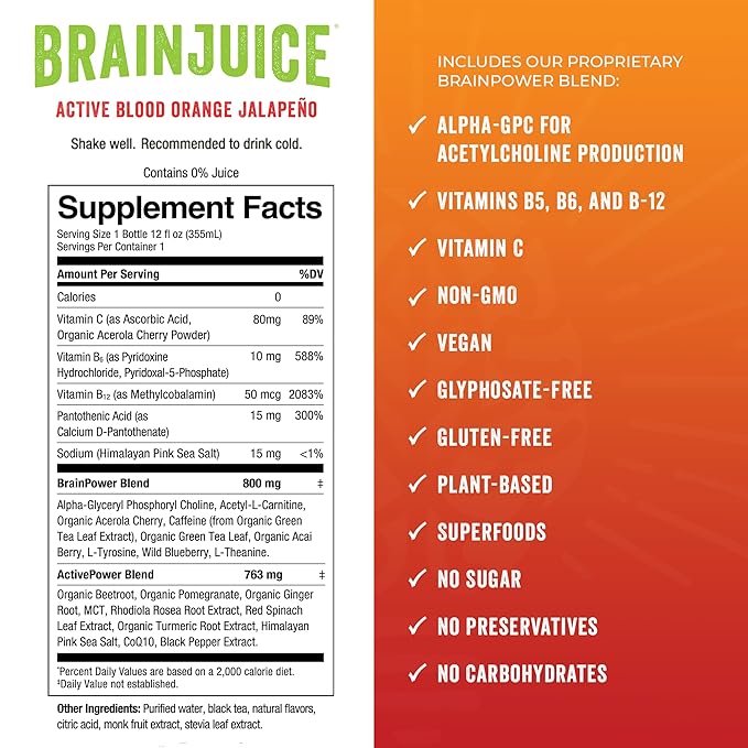 Brainjuice Brain Health Support Drink for Energy & Focus, Vitamin C, B5, B6 & B12, L Theanine, Alpha GPC, CoQ10 & Green Tea Caffeine, Gluten Free, Vegan, Blood Orange Jalapeno, 12 Oz Can, 6 Pack