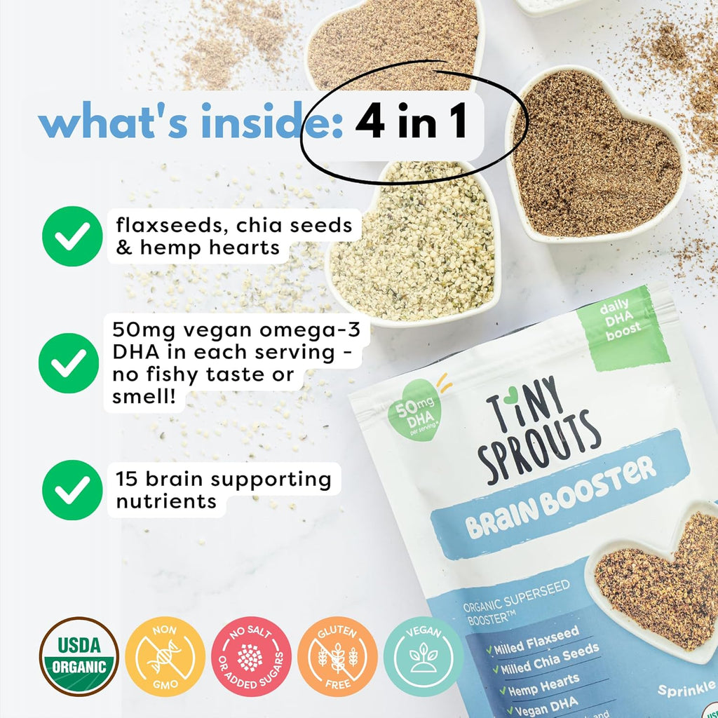 Superseed Organic Milled Chia, Flaxseed and Hemp Heart Brain Booster with Vegan Omega-3 DHA S Prebiotic Fiber Protein Gluten Free Seeds for 6M+ Babies Toddlers & Kids (7oz x 1 Pack)